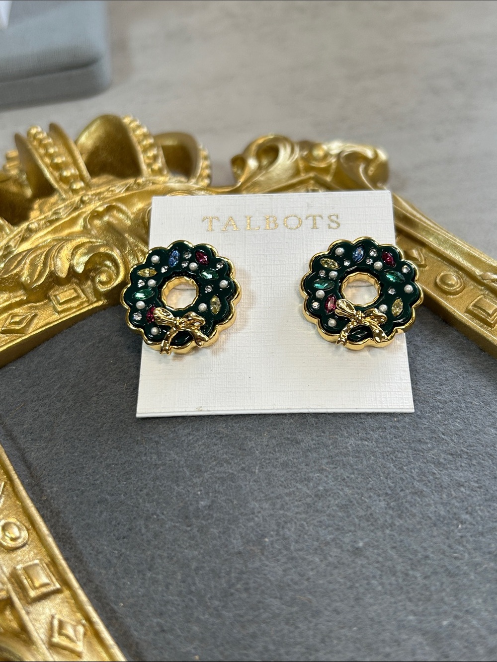 Talbots Green Wreath Post Earrings with Gold Trim and Multi-Color Gems